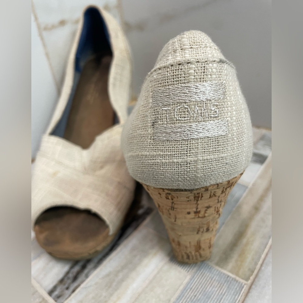 TOMS Stella Cork Wedge Sandals Womens Oatmeal Woven Open Toe Slip On Size 9 - Picture 3 of 16